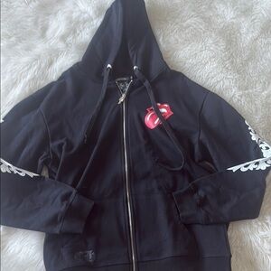 Chrome Hearts Black Zip Up Sweater with Red Accent